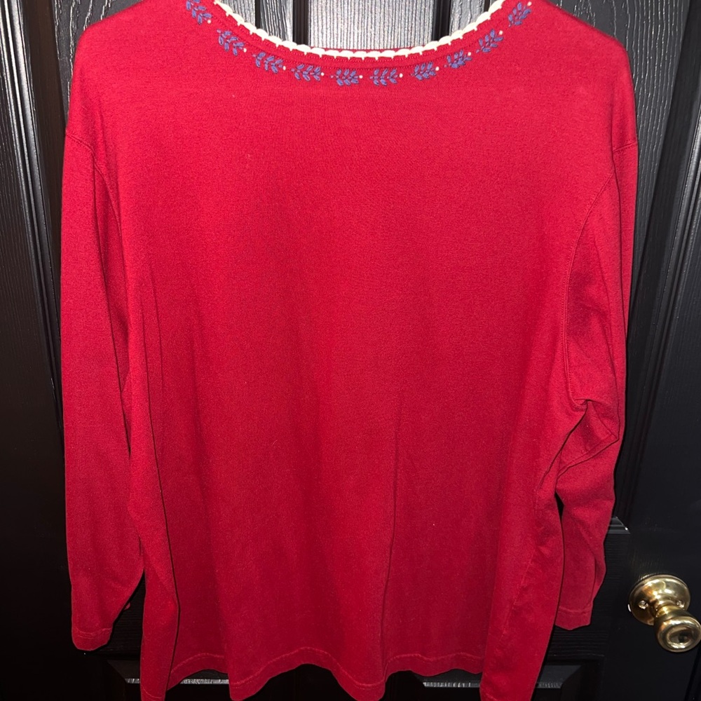 Women's Red Long-Sleeve Embroidered Neck Top